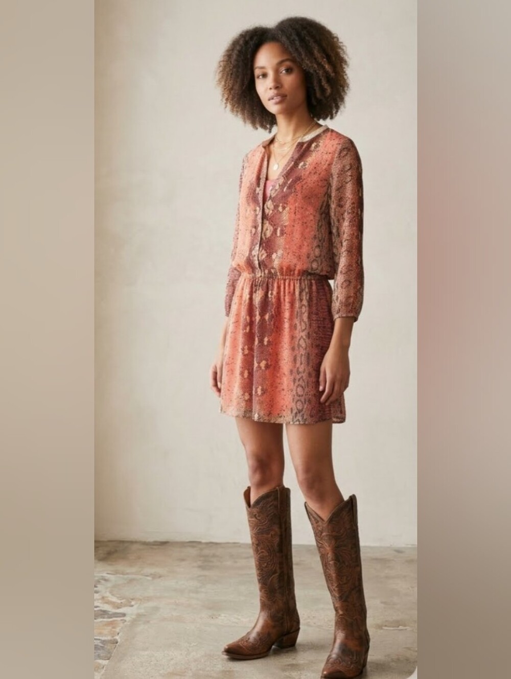 Women's Rust Printed V-Neck Mini Dress
